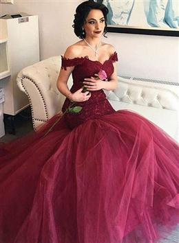 Picture of Burgundy Lace Applique Off Shoudler Evening Gown, Mermaid Formal Dresses Party Dresses